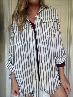 white birch Black-and-White Striped Button-Up Shacket